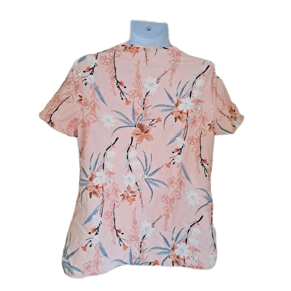 Just Fashion Now Popover Top XL Peach Floral Art‎ Two-Fer Short Sleeve Tie Front